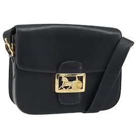 Céline CELINE Horse Carriage Shoulder Bag Leather Black Gold Auth ARZ121