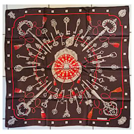 Foulard Hermès The Keys in seta marrone rosso 90x90