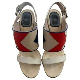 Sandali Christian Dior Ecru con Motivo Rosso e Blu in Pelle