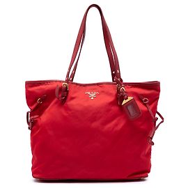 Borsa Tote in Tessuto con Bordo Saffiano Rosso di Prada