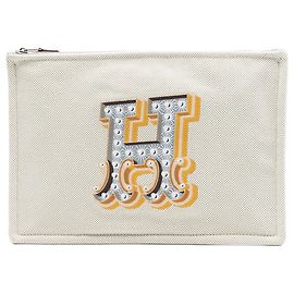 Custodia piatta Hermès in tela beige H ricamata Electrique
