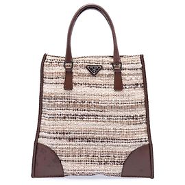 Borsa tote piatta in tweed beige con rifiniture in vitello di Prada