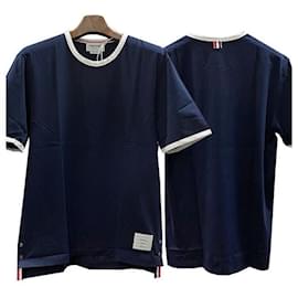 Ringer T-Shirt mit Seitenschlitz Marineblau - Thom Browne