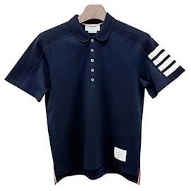 Kurzarm-Polo-Shirt aus Baumwoll-Piqué mit Bar-Detail in Marineblau - Thom Browne