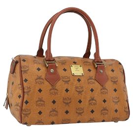 MCM Vicetos Logogram Borsa a Mano in PVC Pelle Marrone Oro Auth BSZ179