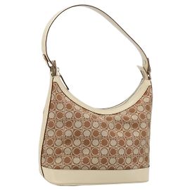 Borsa a Spalla Gancini Salvatore Ferragamo in Tela Pelle Marrone Oro Auth 174463