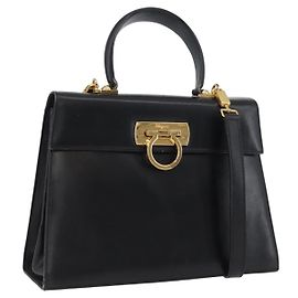 Borsa a mano in pelle Gancini Salvatore Ferragamo 2 in 1 Nero Oro Auth ARZ416