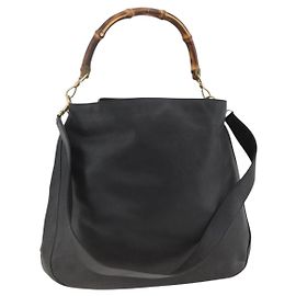 Bolsa de Ombro de Couro Gucci Bamboo 2way Preto Dourado 001 1577 Auth ep13782