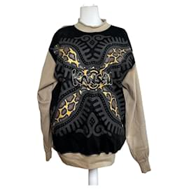Vintage Kansai Yamamoto Crewneck Sweater Beige Black Abstract M - Autre Marque