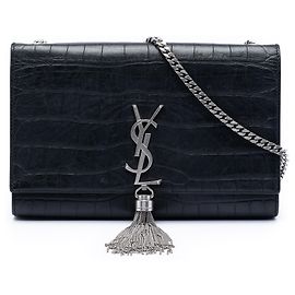 Borsa a tracolla Kate in pelle nera con stampa coccodrillo di Saint Laurent, media con frange.