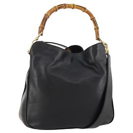 Sac à main en cuir Gucci Bamboo 2 en 1 Noir Or Auth 172300