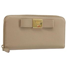 PRADA Cartera Larga con Cinta de cuero Safiano Beige Dorado Auth fm5266
