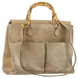 Borsa Tote in Pelle Scamosciata Gucci Bamboo 2way Beige Oro 002 123 0322 Auth hk3487