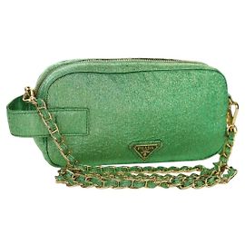 Bolso de Hombro con Cadena Prada de Lona Verde Dorado Auth LNZ744V