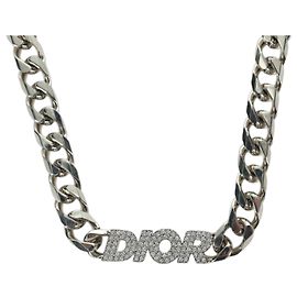 Collana in metallo corsivo Christian Dior Argento Auth LNZ749M