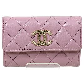 Tarjetero de piel de ternera granulada rosa Chanel