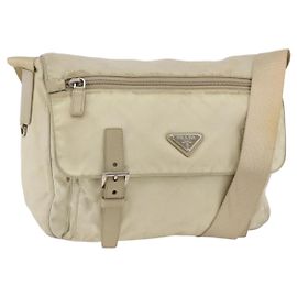 Bolso de Hombro PRADA Nylon Beige Plata Auténtico AMZ363