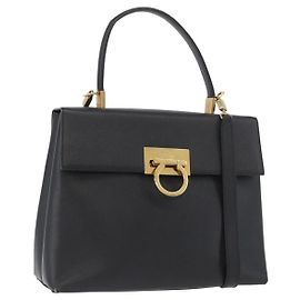 Borsa a mano in pelle Gancini Salvatore Ferragamo 2 in 1 Nero Oro Auth BA11707