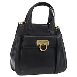 Borsa a mano in pelle Gancini Salvatore Ferragamo 2 in 1 Nero Oro Auth ARZ417