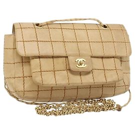 CHANEL Borsa a catena Wild Stitch Choco Bar in pelle di agnello beige oro CC Auth gh2006