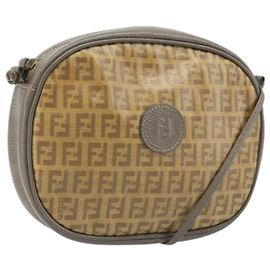 FENDI Zucchino Canvas Schultertasche PVC Beige Silber Auth gh1969