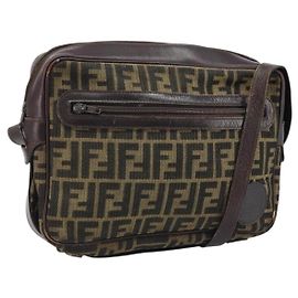 FENDI Zucca Canvas Shoulder Bag Black Brown Auth ARZ659