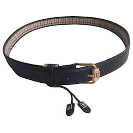 Cintura in pelle nera vintage DAKS London – Fibbia oro/argento e motivo a quadri distintivo