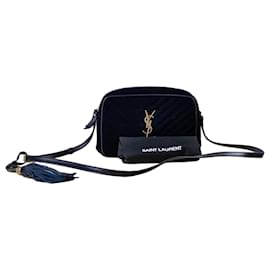 Borsa a Spalla in Velluto Blu Marino Saint Laurent