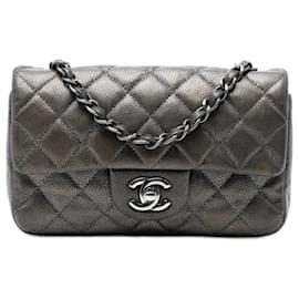 Chanel Graue Mini Rechteckige Klassische Metallische Kaviar Einzelflap