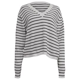Gestreifter V-Ausschnitt-Pullover von Theory aus weißer Baumwolle