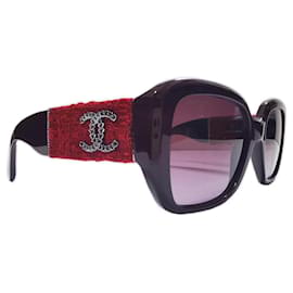 Chanel quadratische Sonnenbrille aus bordeauxfarbenem Tweed - 5512 - c.1461/S1
