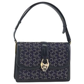 Céline Borsa a Spalla Celine C Sulky in Tela Blu Navy e Oro Auth ka3383