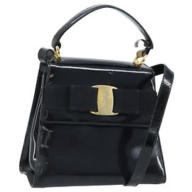 Borsa Vala in pelle verniciata Salvatore Ferragamo 2 in 1 Nero Oro Auth LNZ738
