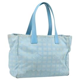 CHANEL Nova Bolsa Tote de Viagem Nylon Azul Prata CC Auth ti3796