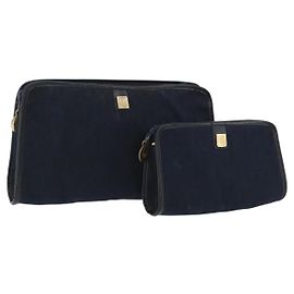 Borsa Clutch in Tela Trotter Christian Dior 2 Pezzi Blu Navy Oro Auth ep13971
