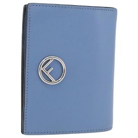 FENDI F-Is Bi-fold Bifold Wallet Leather Light Blue Silver Auth am11084A