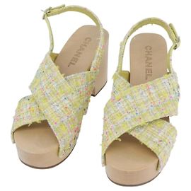 CHANEL COCO Mark Sandalen Tweed Gelb CC Auth AMZ178M