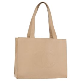 CHANEL Tote Bag Caviar Skin Beige Gold CC Auth BA11375A