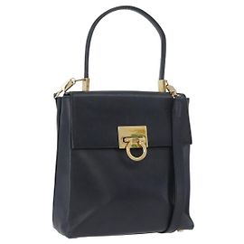 Borsa a mano in pelle Gancini Salvatore Ferragamo 2 in 1 Blu Navy Oro Auth ka3255