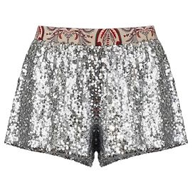 Pantalones cortos plateados con lentejuelas de Paco Rabanne con ribete Paisey