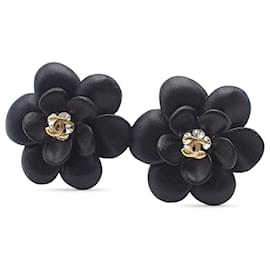 Chanel Schwarze CC Harz Strass Camellia Clip-On Ohrringe