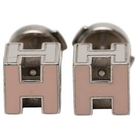 Hermès Pink Palladium Plated Enamel Cage dH Cube Push Back Earrings