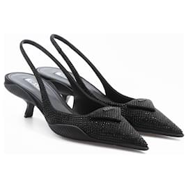 Décolleté Slingback Prada Strass Pelle Nera Taglia 41