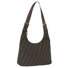 Borsa a Spalla in Tela Zucca FENDI Nera Marrone Auth BSZ546