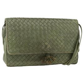 Borsa a Spalla in Pelle Intrecciato Bottega Veneta Khaki Oro Auth BSZ346