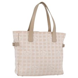 CHANEL Nuova Borsa Tote da Viaggio Nylon Beige Argento CC Auth ti3793
