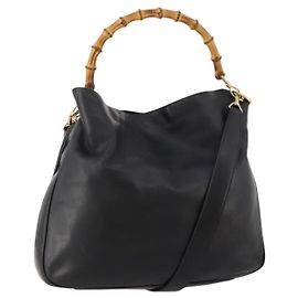 Borsa a spalla in pelle Gucci Bamboo 2way nera e oro Auth kk638