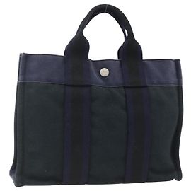 Hermès HERMES Fourre Tout PM Tote Bag aus Segeltuch Marine Silber Auth BAZ597