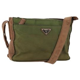 Borsa a Spalla PRADA in Nylon Pelle Kaki Marrone Argento Autentica 173537