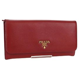PRADA Cartera Larga de cuero Safiano Roja Dorada Auth fm5264